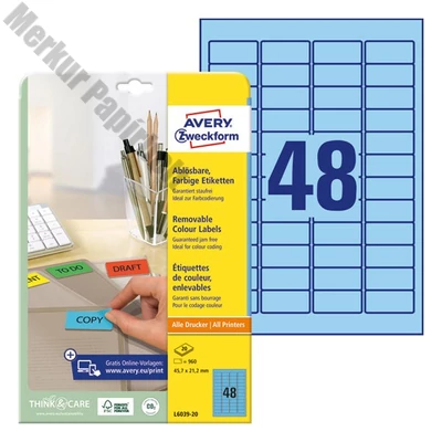 Etikett AVERY L6039-20 45,7x21,2mm univerzális visszaszedhető kék 960 címke/doboz 20 ív/doboz