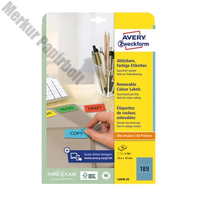 Etikett AVERY L6048-20 25,4x10 mm univerzális visszaszedhető kék 20 íves