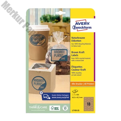 Etikett AVERY L7103-25 63,5x42,3 mm környezetbarát ovális barna kraft 25 íves