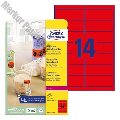 Etikett AVERY L7263R-25 99,1x38,1mm laser neon piros 350 címke/doboz 25 ív/doboz