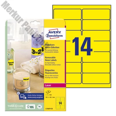 Etikett AVERY L7263Y-25 99,1x38,1mm laser neon sárga 350 címke/doboz 25 ív/doboz