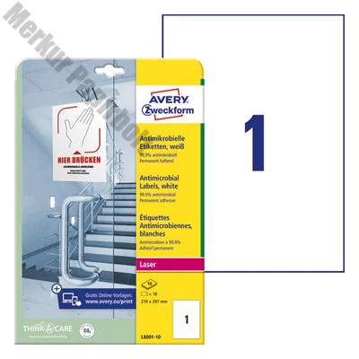 Etikett AVERY L8001-10 210x297mm antimikrobiális fehér 10 címke/doboz 10 ív/doboz