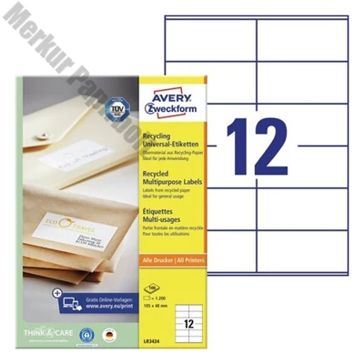 Etikett AVERY LR3424 105x48mm környezetbarát 1200 címke/doboz 100 ív/doboz