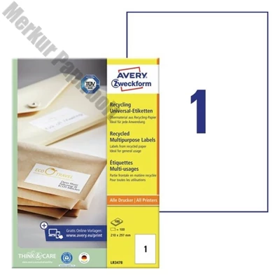 Etikett AVERY LR3478 210x297mm környezetbarát 100 címke/doboz 100 ív/doboz