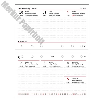 Gyűrűs kalendárium betét SATURNUS S311/F heti fehér lapos 2026.
