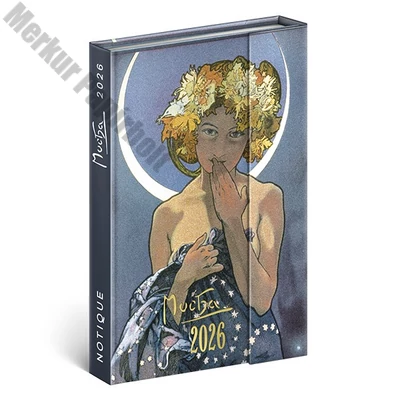 Határidőnapló mágnessel záródó REALSYSTEM 110x160mm heti sárga lapos Alphonse Mucha 2026.