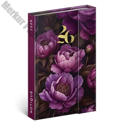 Határidőnapló mágnessel záródó REALSYSTEM 110x160mm heti sárga lapos Purple flowers 2026.