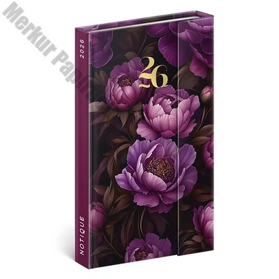 Határidőnapló mágnessel záródó REALSYSTEM 130x210mm heti sárga lapos Purple flowers 2026.