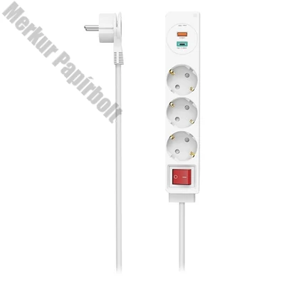 Kábel hosszabbító HAMA 3 aljzat + USB-C/USB-A 1,4m kapcsolóval fehér