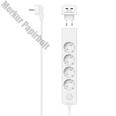Kábel hosszabbító HAMA 5 aljzat + 2xUSB-C 1,4m kapcsolóval fehér