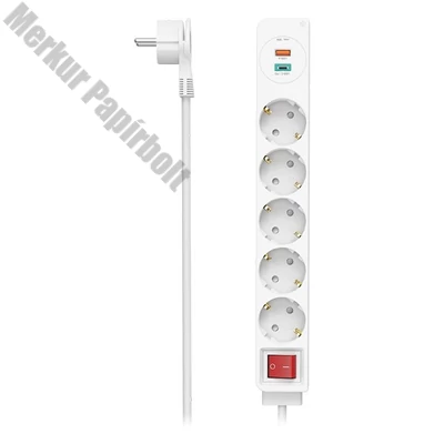Kábel hosszabbító HAMA 5 aljzat + USB-C/USB-A 1,4m kapcsolóval fehér