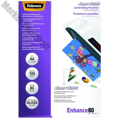 Lamináló fólia FELLOWES A/4 SuperQuick 80 mikron fényes 100/csom