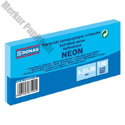 Öntapadós jegyzettömb DONAU 38x51 mm 3x100 lap neon kék