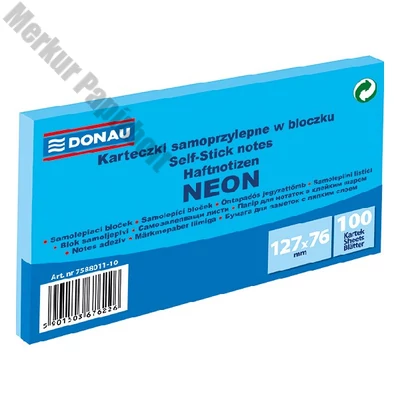 Öntapadós jegyzettömb DONAU 76x127 mm 100 lap neon kék