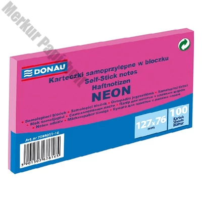Öntapadós jegyzettömb DONAU 76x127 mm 100 lap neon rózsaszín