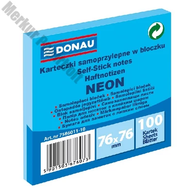 Öntapadós jegyzettömb DONAU 76x76 mm 100 lap neon kék