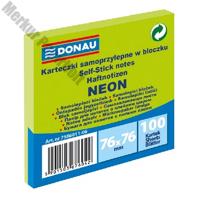 Öntapadós jegyzettömb DONAU 76x76 mm 100 lap neon zöld