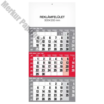 Speditőr naptár REALSYSTEM 1 tömbös 3 havi piros üres fejrész 2026.