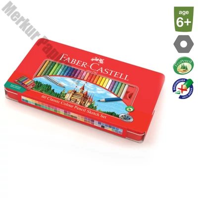 Színes ceruza FABER-CASTELL hatszögletű fémdobozos 60 darabos+kiegészítők