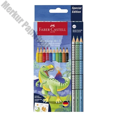 Színes ceruza FABER-CASTELL Grip Dinoszaurusz matricával 10 darabos + 3 darab metál színes ceruzával