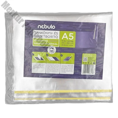 Tankönyvborító NEBULO A/5 öntapadós csíkkal víztiszta 65mic 47x26 cm 10 darabos