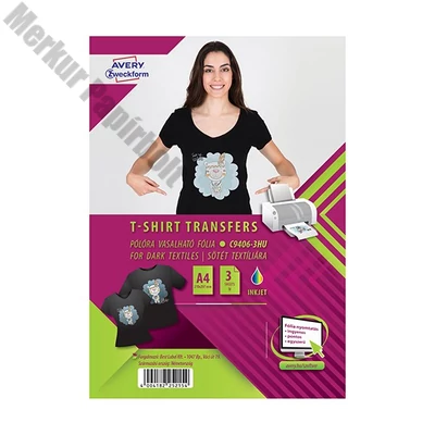 Textilre vasalható fólia AVERY C9406-3HU sötét pólóra vasalható tintasugaras nyomtatóhoz (3 ív/doboz)