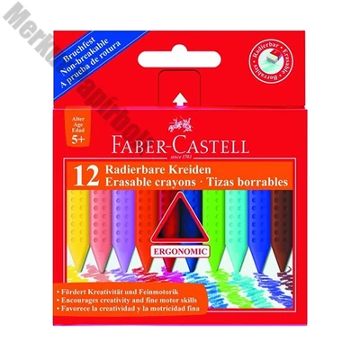Zsírkréta FABER-CASTELL Grip háromszögletű hegyezett radírozható 12 színű